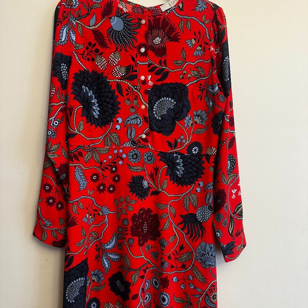 LOFT Red Floral Long Sleeve Dress Size 4 Fall Winter - Picture 2 of 6